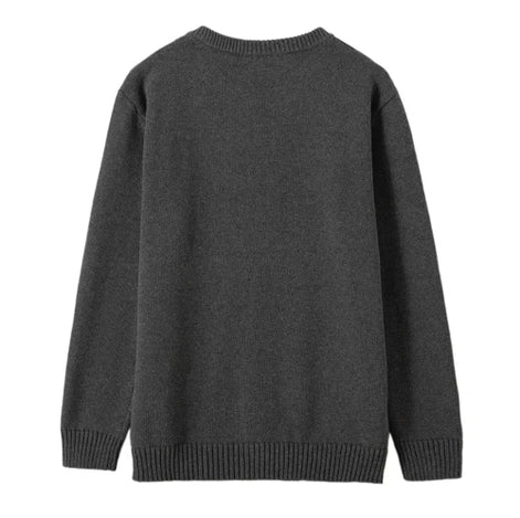 A dark gray long-sleeve knit sweater shown from the back, featuring a crew neck, ribbed collar, cuffs, and hem, on a solid white background.