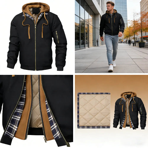 Black jacket with brown accents on a white background, worn by a person on a city street, close-up of plaid lining, and jacket on a beige background.