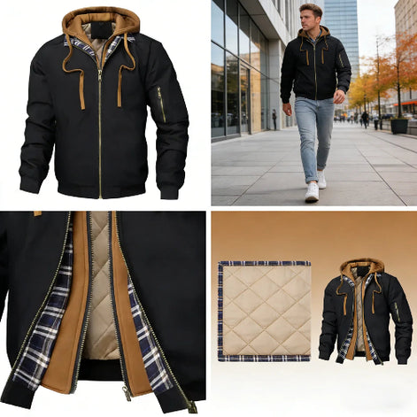 Black jacket with brown accents on a white background, worn by a person on a city street, close-up of plaid lining, and jacket on a beige background.