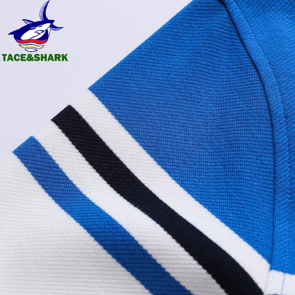 TACE&SHARK Brand Shark Fashion Men‘s Long Sleeve Stand Collar Polo Shirt Striped Breathable Cotton Casual Wear Business Style