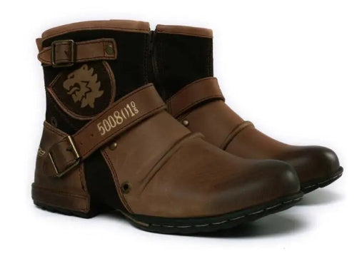 Brown leather boots with a logo and text on a white background