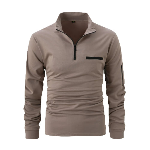 Beige long-sleeve shirt with a zipper on a white background