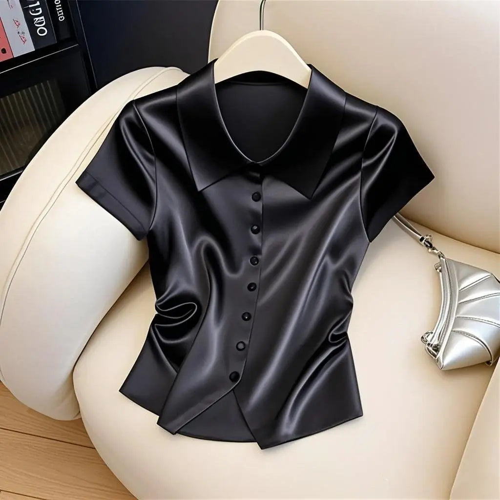2025 Summer New Fashion Temperament Buttons Solid Color Shirts Ladies Fashion Turn-down Collar Short Sleeve Blouse Women Clothes