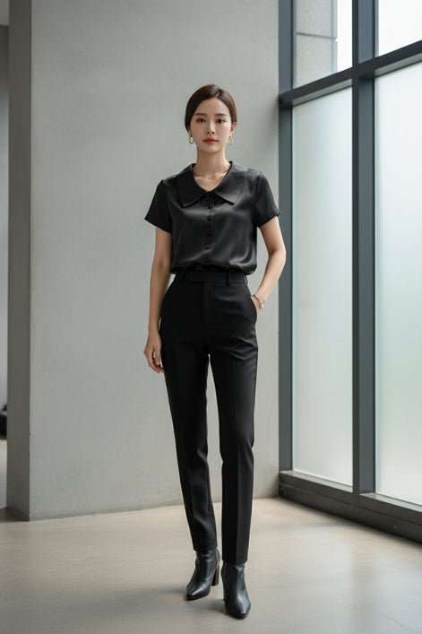Black satin shirt on a hanger with a neutral background