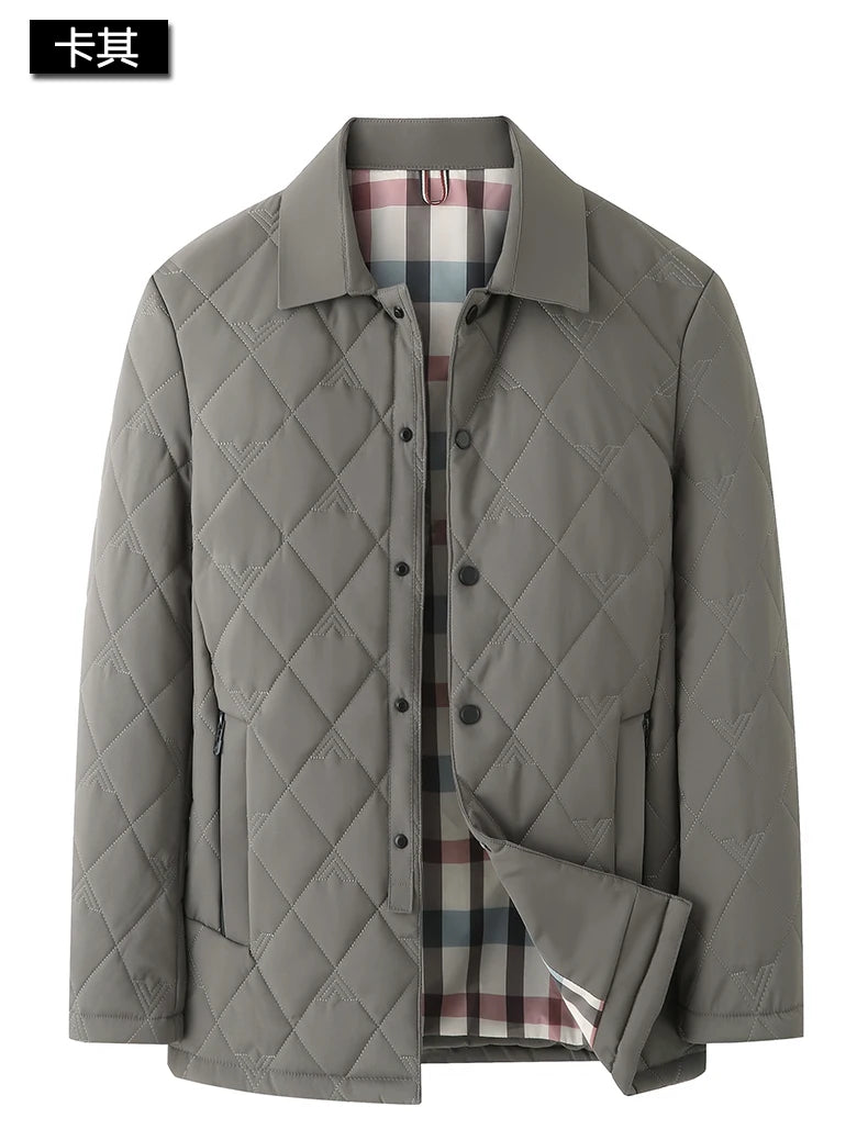 Top Grade Men Parka Jacket Windbreaker Coats Diamond Quilted Bubble Coat Middle-aged Winter Warmth Turn-Down Collar Coat