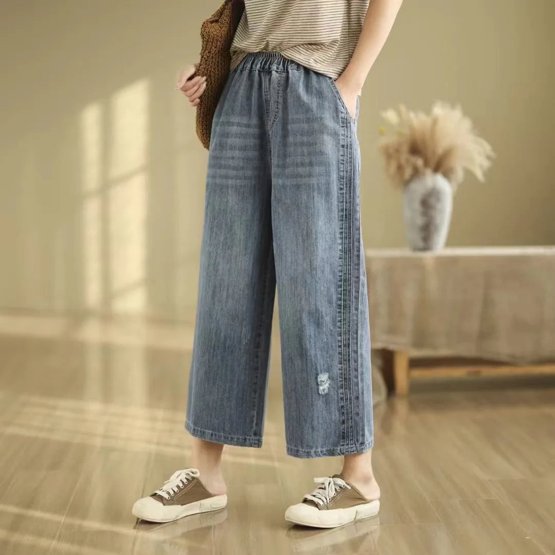 Spring Summer Ethnic Style Vintage Floral Embroidery Denim Wide Leg Pants Women High Elastic Waist Hole Casual Straight Jeans