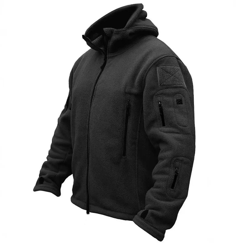 Black tactical hoodie with multiple pockets on a white background
