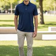 Navy blue polo shirt on a white background