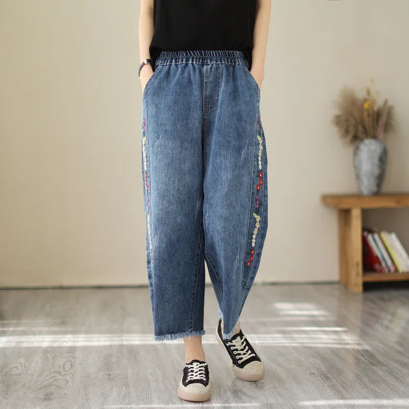 Spring Summer Ethnic Style Vintage Floral Embroidery Denim Wide Leg Pants Women High Elastic Waist Hole Casual Straight Jeans