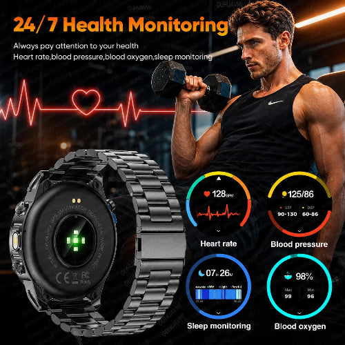 A black smartwatch with a metal link band is shown prominently in the foreground, with a man lifting a dumbbell in the background. 
