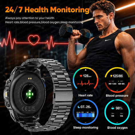 A black smartwatch with a metal link band is shown prominently in the foreground, with a man lifting a dumbbell in the background. 