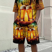 A mannequin or model wearing a matching short-sleeve t-shirt and shorts set with an all-over beer-themed print featuring clinking beer mugs, golden beer, 