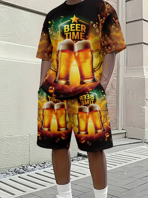 A mannequin or model wearing a matching short-sleeve t-shirt and shorts set with an all-over beer-themed print featuring clinking beer mugs, golden beer, 