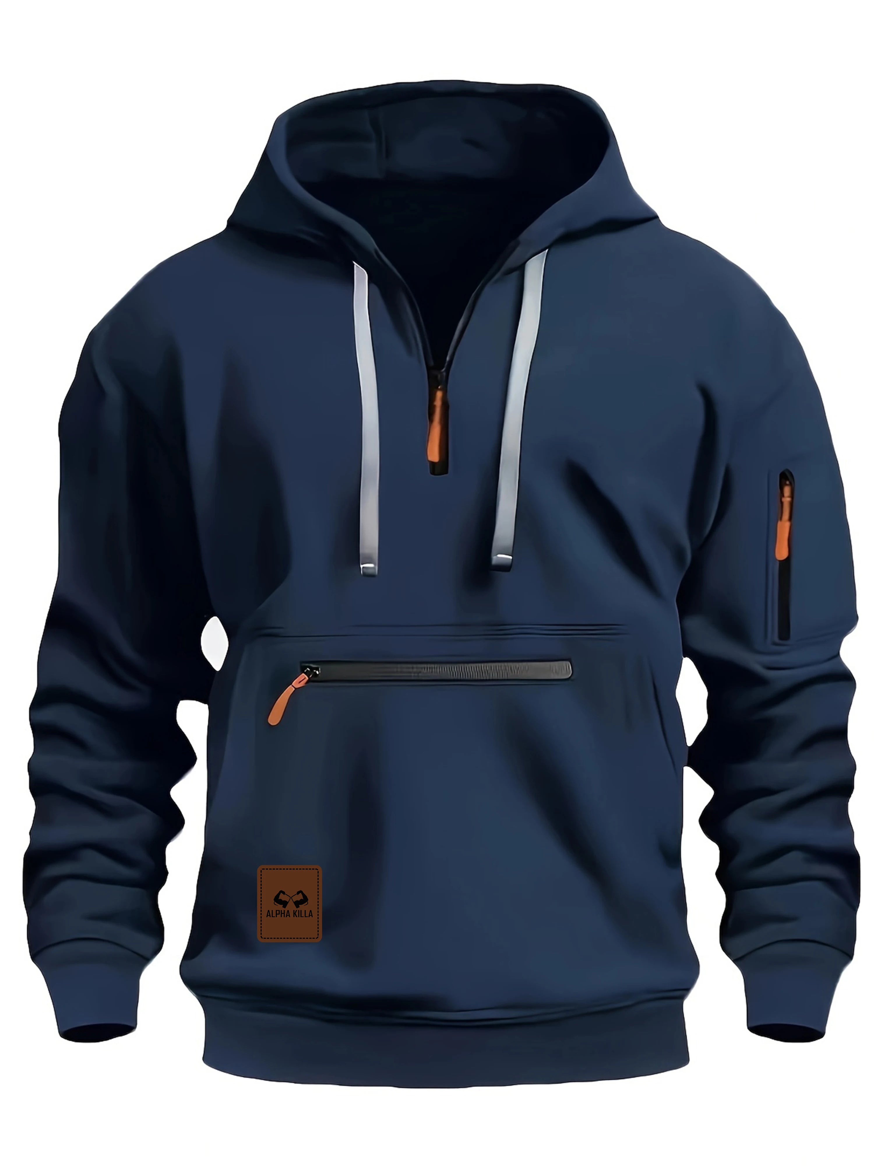 A navy blue pullover hoodie with a half-zip neckline, white drawstrings, a front zippered pocket, and a small brown brand patch on the lower left chest.
