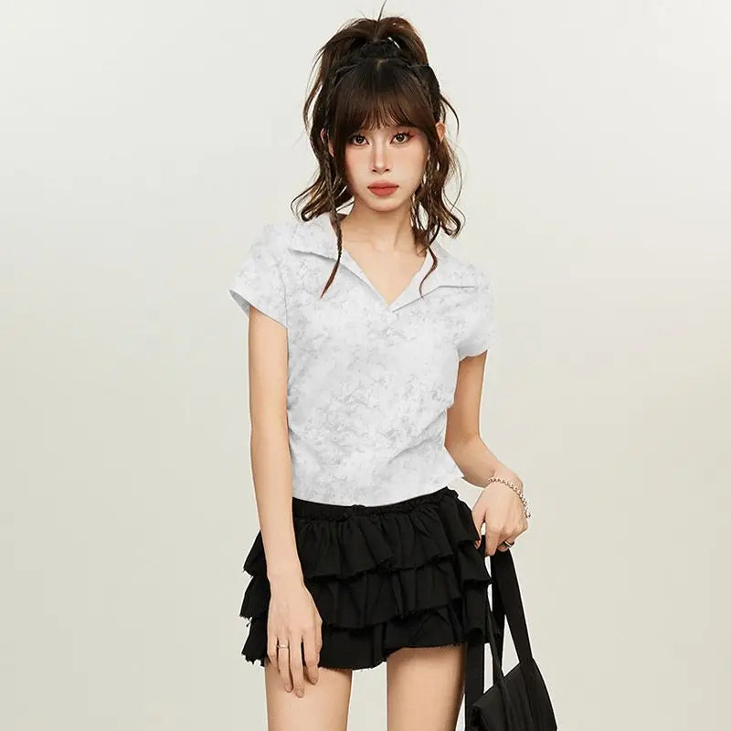 Women American V Neck Polo Collar Tie Dye T Shirt Summer Short Sleeve Slim Waist Cropped Casual Top