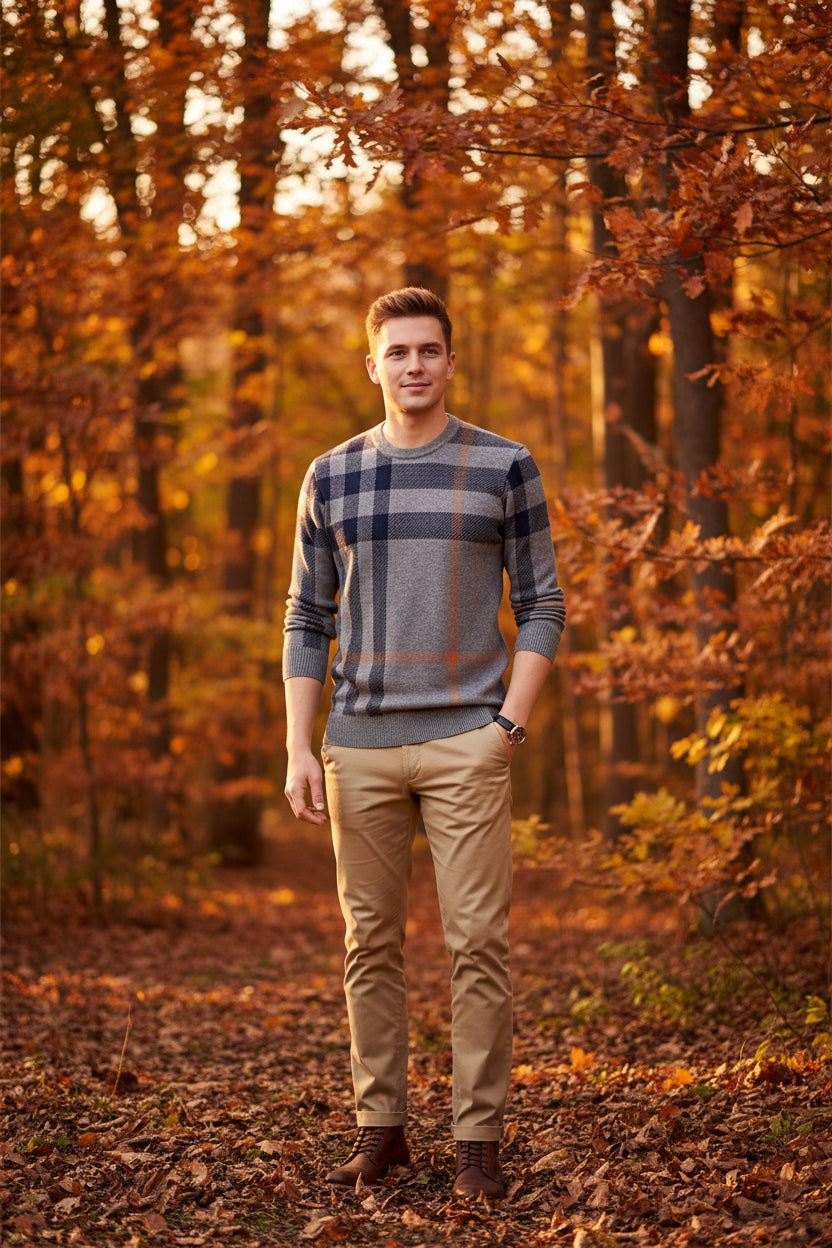 Person wearing a gray and blue plaid sweater on a dark background