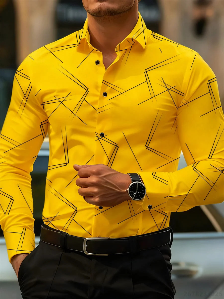 Men's Slim Fit Long-Sleeved Geometric Line Print Shirt - Non-Iron