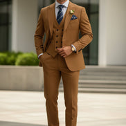 Brown suit with a tie and pocket square on a white background
