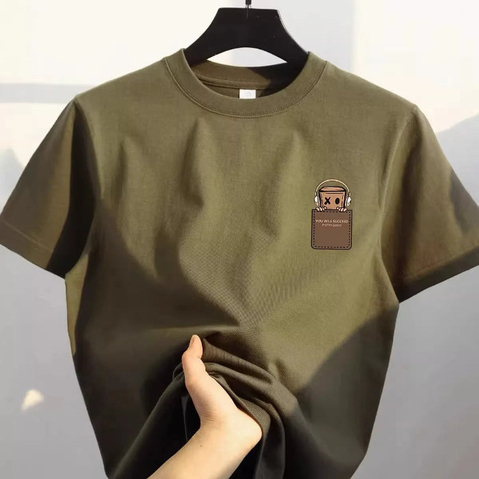 Green t-shirt with a small patch on a hanger