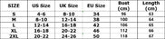 Size chart listing size, US, UK, and EU sizes with bust and length measurements in centimeters.