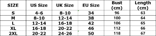Size chart listing size, US, UK, and EU sizes with bust and length measurements in centimeters.