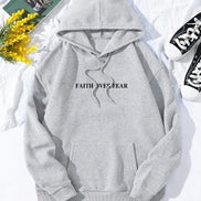 Gray hoodie with 'Faith Over Fear' text on a white background with flowers and books.