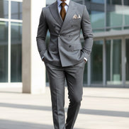 Gray suit with a brown tie and white shirt on a dark background