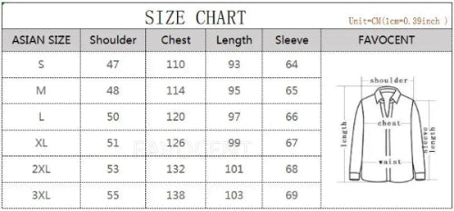 Size chart for Asian clothing sizes with FAVOCENT brand information.