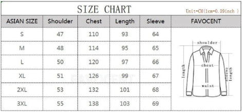 Size chart for Asian clothing sizes with FAVOCENT brand information.
