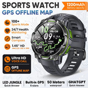 A black and green sports watch with a digital display showing fitness metrics, presented on a white background 
