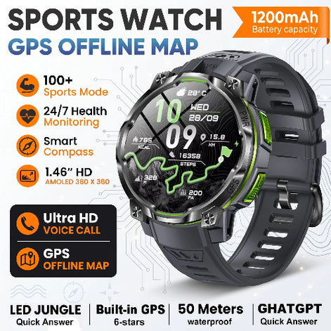 A black and green sports watch with a digital display showing fitness metrics, presented on a white background 