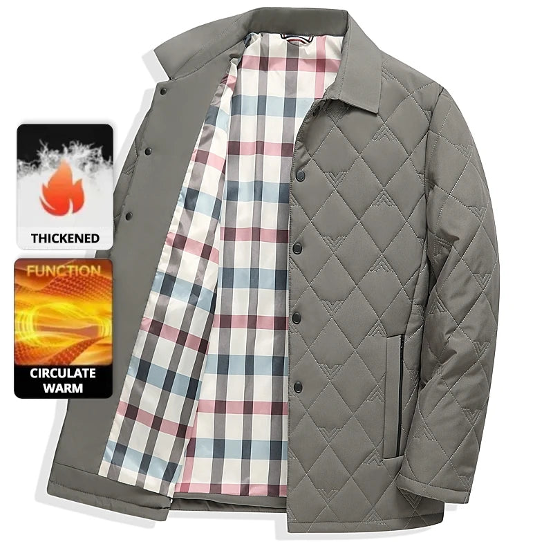 Top Grade Men Parka Jacket Windbreaker Coats Diamond Quilted Bubble Coat Middle-aged Winter Warmth Turn-Down Collar Coat