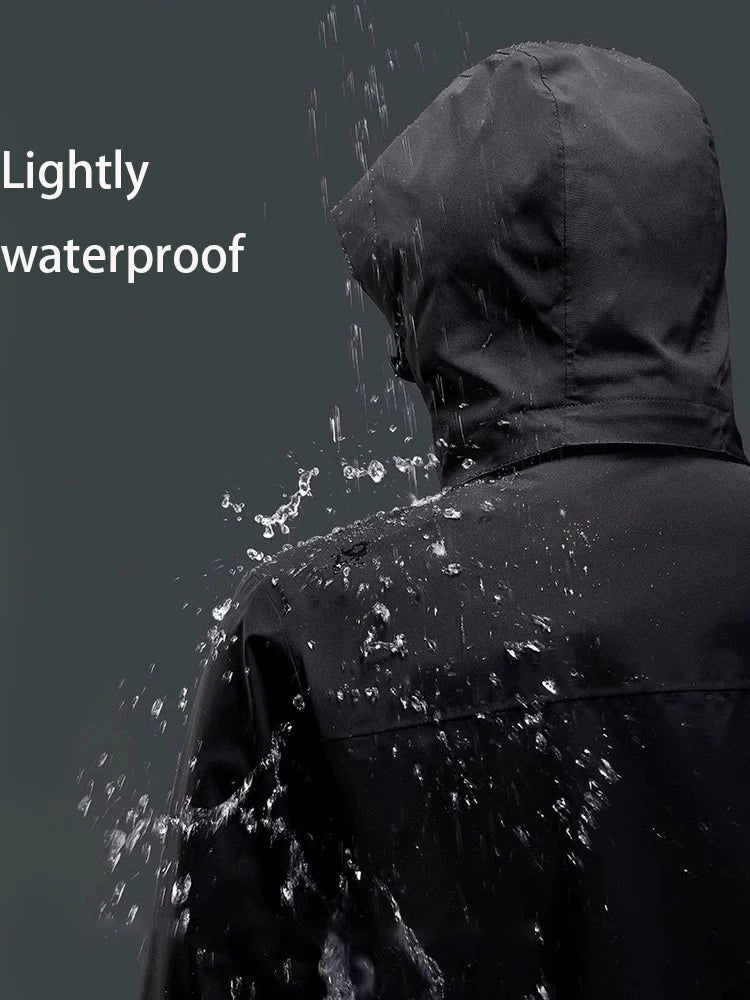 Person wearing a black raincoat with water droplets on a dark background, labeled 'Lightly waterproof'.