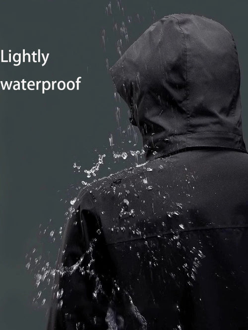 Person wearing a black raincoat with water droplets on a dark background, labeled 'Lightly waterproof'.