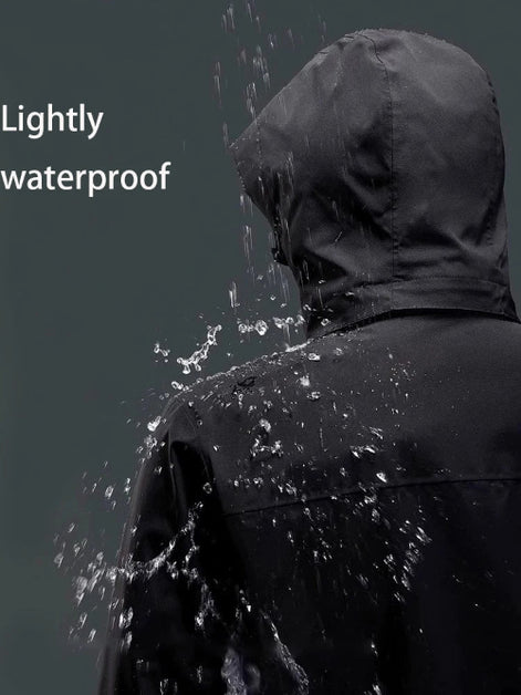 Person wearing a black raincoat with water droplets on a dark background, labeled 'Lightly waterproof'.