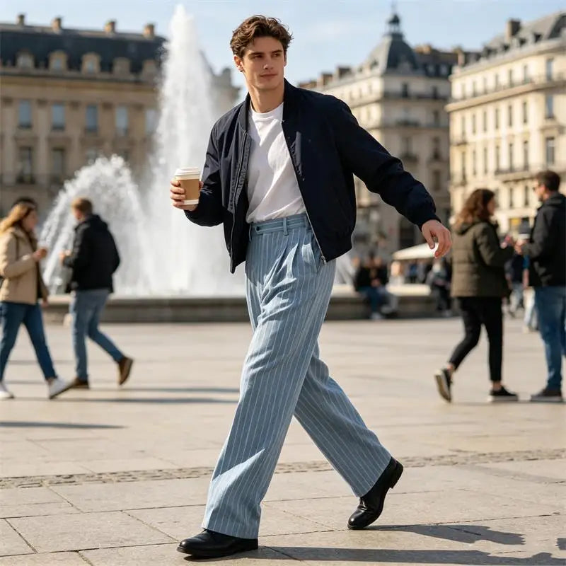 Men's Striped Dress Pants Old Money Wide Leg Baggy Pleated Casual Pinstriped Trousers Loose Fit Elastic Waist Vintage Slacks