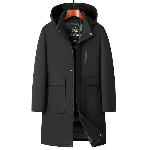 Black coat with a hood on a white background