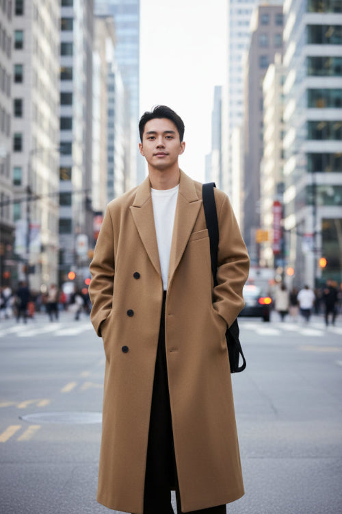 A person wearing a long camel-brown double-breasted overcoat over a white turtleneck 