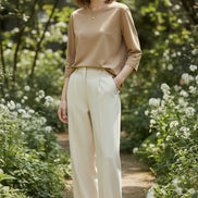 Person wearing a beige t-shirt with a neutral background