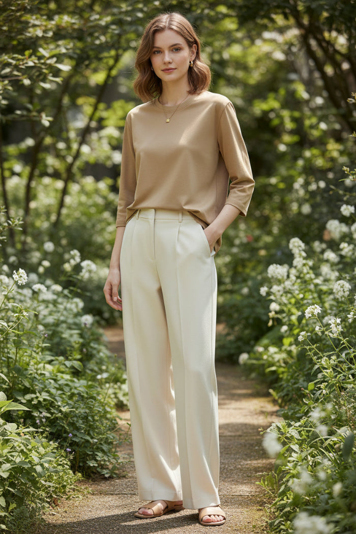 Person wearing a beige t-shirt with a neutral background