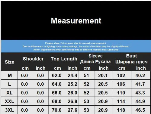 Measurement chart table showing size information for M, L, XL, XXL, and 3XL sizes, with columns for shoulder, top length, sleeve, and bust in centimeters and inches, 