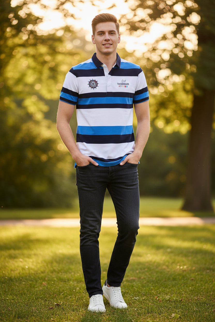 A short-sleeve striped polo shirt with horizontal bands of white, navy blue, and bright blue. The shirt features a navy collar, a navy logo patch on the left chest, and a small 'TACE&SHARK' logo on the right chest.