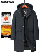 A dark navy hooded winter parka coat hanging on a wooden hanger against a white background, with two promotional feature panels on the left highlighting 
