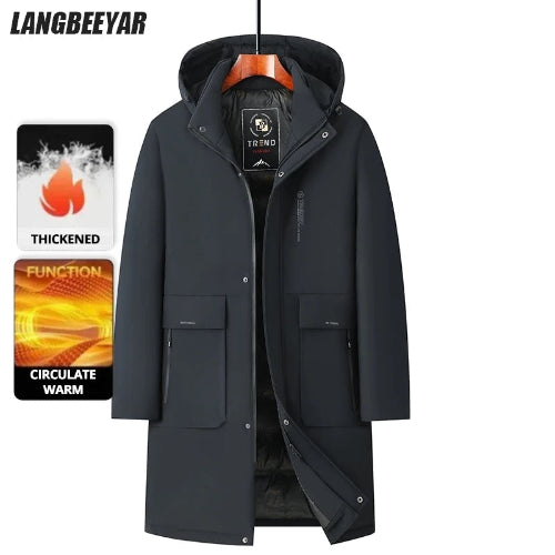 A dark navy hooded winter parka coat hanging on a wooden hanger against a white background, with two promotional feature panels on the left highlighting 