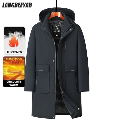 A dark navy hooded winter parka coat hanging on a wooden hanger against a white background, with two promotional feature panels on the left highlighting 