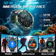 A rugged smartwatch with a metallic silver and black body is shown underwater with coral reefs in the background, 