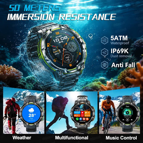 A rugged smartwatch with a metallic silver and black body is shown underwater with coral reefs in the background, 