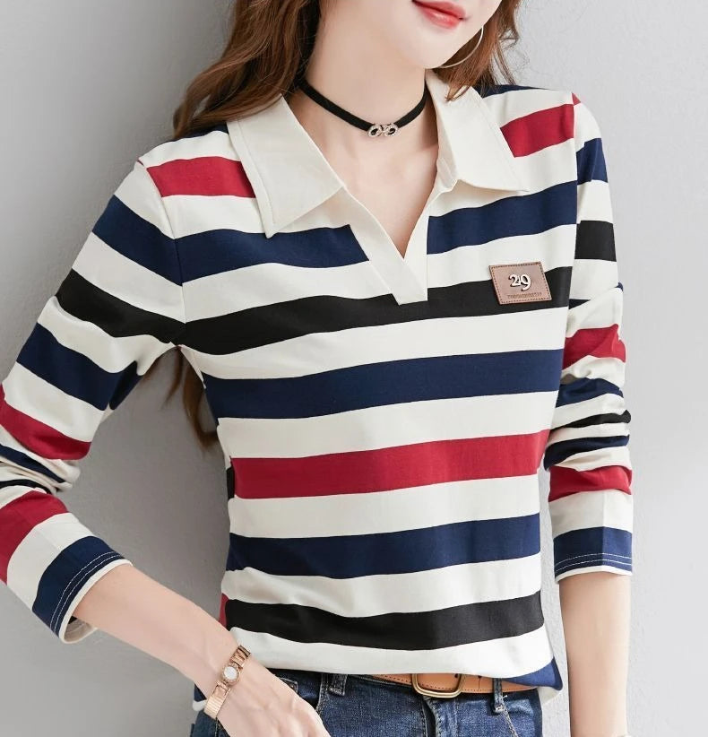 Slimming Striped Polo T-Shirt for Women 100% Cotton Long Sleeve Innerwear for 2026 Transitional Wardrobe