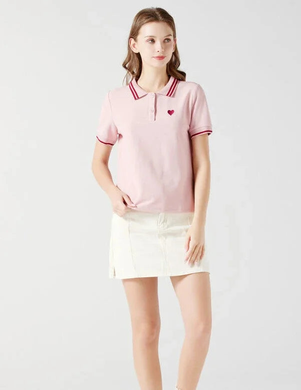 Polo Neck Shirt for Women Button 100℅ Cotton White Embroidery Baggy Woman T Pulovers High Quality Korean Popular Clothes Youth