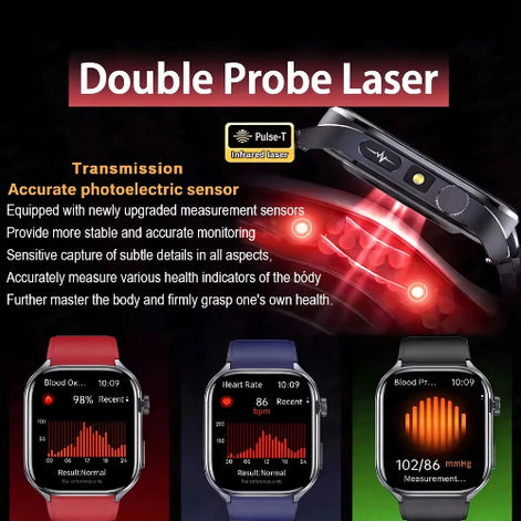 Smartwatch with laser device and health monitoring display on a dark background